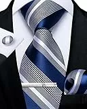 DiBanGu Blau Krawatten und Taschentuch-Set Blau und Grau Gestreift Krawatte für Herren Manschettenknopf-Krawattenklammer für Hochzeit Formell