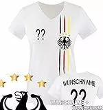 Comedy Shirts - WM 2018 | M1 | VORNE + HINTEN | Wunsch - Damen V-Neck T-Shirt - Weiss/Schwarz-Rot-Gelb Gr. S