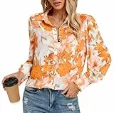Kate Kasin Schicke Damenbluse mit Reverskragen und Laternenärmeln Tunika ln Orange Farbe XL