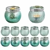 MJ PREMIER Teelichtgläser (12 STK),Windlicht Glas Set Votivkerzenhalter aus Vintage Teelichthalter Rund Windlicht Tischdeko Wohnzimmer Geschenk,Aromatherapie, Hochzeit, Party Deko Grün 5,9x6,6cm