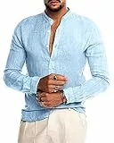 AUDATE Herren Leinenhemd Langarm Herren Hemd Sommerhemd Herren Regular Fit Freizeithemd Hellblau 2XL