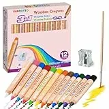 Surcotto 3 in 1 Buntstifte - Wasserlöslich - 12er Pack mit 1 Spitzer & 1 Pinsel, Dicke Holz-Wachskreiden/Aquarell-Wachsmalstifte, Malstifte Starter, Mehrfarbig