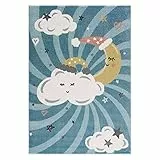 carpet city Kinderteppich Kinderzimmer Blau - 140x200 cm - Mond Wolken Sterne - Kinderzimmerteppiche Mädchen Jungen - Babyzimmer-Teppich - Spielteppich