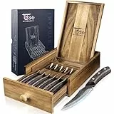 SYOKAMI Steakmesser Set 6 Teilig mit Schubladen Organizer, 12,2 cm Hochkohlenstoff Japanischer Edelstahl Fleischmesser ohne Wellenschliff mit Holzgriff Damastmuster, Razor-Sharp Dinner Knives