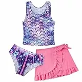 AIDEAONE Mädchen Badeanzug Bikini Sommer Schöne Dreiteiliger UV-Badebekleidung Schnelltrocknende Süße Lila Meerjungfrau Bademode für Kinder 6-7 Jahre