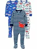 Simple Joys by Carter's Baby Jungen 3-Pack Snug Fit Footed Cotton Pajamas Pyjamaset, Blau Meereswelt/Marineblau Streifen/Weiß Autos, 6-9 Monate (3er Pack)