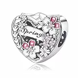 Symretie Herz Charms Anhänger 925 Sterling Silber Frühling Pfirsichblüte Bead Blume Charms Kompatibel mit Europäischen Armbändern und Halskette für Frauen Mädchen