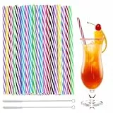 100 Stück Strohhalme Plastik, Trinkhalme Plastik Strohhalme Wiederverwendbar mit 2 Strohhalmbürste für Smoothies, Saft, Heißgetränk und Cocktail, Regenbogenstreifen
