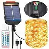 AUOPLUS LED-Solar-Lichterkette für den Außenbereich, wasserdicht, Fernbedienung, solarbetriebene Lichterkette mit 13 Modi und Typ-C-Aufladung, Warmweiß/Farbwechsel, Garten für Terrasse, Hof, Hochzeit