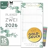 Paarplaner 2026 3 Spalten EUKALYPTUS GOLD Planer für Zwei 2026 STICKER Recycling Urlaub Partnerkalender 2026 16x32,5cm, inkl. Okt-Dez 2025 Wandplaner Paar 2 Personen, Pflanzkalender Flower Deko Gold
