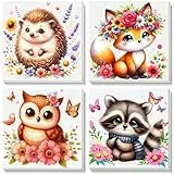 Pujeknm 4 Stück Tiere Malen Nach Zahlen ab 5 6 7 Jahre Mädchen mit Rahmen, Eule Fuchs Igel Waschbär Malen Nach Zahlen für Kinder Acrylfarben mit als Geschenk, Mittel 20x20 cm (Süßes Tiere)