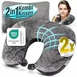 Heimwert Reisekissen - 2in1 Nackenkissen Stützkissen,Nackenhörnchen, 37x27 cm - Travel Pillow für Flugzeug, Camping, Reise - Ergonomisches Kopfkissen mit Microperlen (Grau 2er Set)