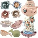 Badewannenspielzeug ab 1 Jahr - Wasserspielzeug Kinder Badespielzeug Baby ab 1 2 3 Jahre Geschenk Mädchen und Junge mit Ozean-Tier-Wasser-Spielbecher und rotierende Scheiben