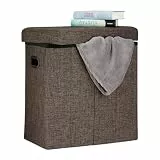 Relaxdays Faltbarer Sitzhocker, HxBxT: 49,5 x 46 x 25,5 cm, mit Stauraum, Griffe, Leinen, Polyester, MDF, braun