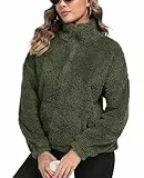 IWOLLENCE Damen Pullover Winter Teddy Jacke Damen Fleece Kuscheljacke Sherpa Jacke Warmes Sweatshirt Ohne Kapuze Troyer Half Zip Pullover (Armeegrün, M)