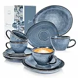 SÄNERG | Kaffeeservice Darwin 12 tlg, Kaffeegeschirr 4 Personen, Steingut Kaffee Set, Kaffee Set Spülmaschinenfest, Service mit Tassen Untertassen & Desserttellern Blau 300 ml | PREMIUM COLLECTION