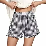 Tincini Shorts Damen Sommer Casual Rüschen Shorts Pyjamahose Karierte Schlafhose für zu Hause Kurze im College-Stil（Schwarz XL