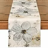 Weldomcor Tischläufer Beige Blume 32x180cm Waschbare Tischdecke Floral Pflanzen Tischläufer Sommer Dekorativer Tischläufer Modern für Esszimmer Küche Bauernhaus Hochzeit Geburtstag Draussen