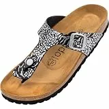 Palado Zehentrenner Damen Kos Prints – gefertigt in Spanien – Veloursleder-Decksohle – modische Prints – weich gepolstertes Fußbett Orna Schwarz UK5,5 - EU38