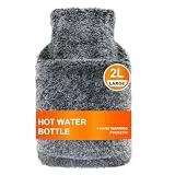 Bonilife Wärmflasche mit Weichem Bezug, 2L Groß Auslaufsicher Wärmflaschen mit Kängurutasche für Handwärmer, Bettflasche für Kinder & Erwachsene Frauen Geschenk - Schmerzlinderung-Schwarz