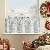 TOPICK Scheibengardine Leinen Vorhang Blumen Bedruckt Bistrogardine Halb Transparent Gardine Scheibengardinen für Küche Wohnzimmer Landhaus (H40 x B125(cm)-1 Stück, Blau auf Beige)