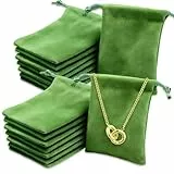 BOZILY Schmuckbeutel aus grünem Samt, 7 x 9 cm, klein, weiche Samtbeutel zur Schmuckaufbewahrung, Kordelzug-Schmuck-Organizer-Taschen für Halsketten, Ohrringe, Ringe, Armbänder, Geschenke und Reisen