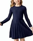 Haloumoning Mädchen Pullover Kleid Langarm A-Linie Strickkleid Warm Schule Herbst Winter Kleid Einfarbig Basic Freizeitkleid Partykleid Dunkelblau 150
