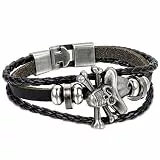 JewelryWe Schmuck Herren Armband, Retro One Piece Totenkopf Schädel Ringe Geflochten Armreif, Legierung Leder, Schwarz Silber