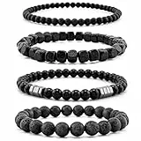 Lameybrt 4 Stück Blick Armband Schutz Stretch Armbänder mit Naturstein für Männer (F03 Black Agate, Eine Grösse)