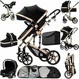 Prokoke Kinderwagen 3 in 1, Kinderwagen Set Einem Klick Faltbar, Kombikinderwagen 3 in 1 mit Umkehrbarem Zwei-Wege-Schub, Buggy Rahmen Aluminiumlegierung Baby Kleinkind Neugeborene (black gold 588)