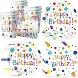 Bikasun Bunte Geburtstag Partygeschirr Set für 16 Gäste, Happy Birthday Partyteller Party Geschirr Set, Einweggeschirr Teller Becher Servietten Weiß Pappteller, Kinder Männer Frauen Geburtstag Deko