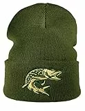 Baddery Strickmütze: Hecht Fisch - Angler Fischer Wald - Wollmütze/Wintermütze/Rollmütze/Long Beanie/Mütze/Seemannsmütze/Unisex Herren Damen/Cool Design Logo Bestickt/Hip Hop, Moos Grün, Einheitsgröße