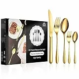 vancasso Besteck Set,60-Teilig Gold Set 12 Personen,Besteckset mit Messer/Gabel/Löffel/Dessertlöffel, 18/10 Edelstahl Besteckset Poliert mit Geschenkbox, Spülmaschinenfest