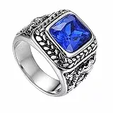 Flongo Herrenring Männer Ringe Daumenring Bandring Siegelring mit Glas Edelstein Silber Blau Drache Schnitzerei Klassiker Charm Herren-Accessoires Größe 70