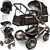 KIDUKU® 3 in 1 Kinderwagen XXL Komplettset | Kombikinderwagen Set inkl. Babywanne Buggy Sportsitz & Auto-Babyschale Fußsack | Vollgummireifen Wickeltasche Handwärmer Regenschutz Kindertisch ECE R129