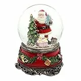 Dekohelden24 Große Schneekugel, Weihnachtsmann mit Hund und Geschenken, mit Sound, auf aufwendig dekoriertem Sockel, Maße L/B/H: 10 x 10 x 14 cm Kugel Ø 10 cm