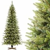 FAIRYTREES Weihnachtsbaum künstlich 220cm Nordmanntanne Bleistift Premium | Tannenbaum Holzständer | Made in EU | Christbaum künstlich mit Naturgetreue Spritzguss Elemente
