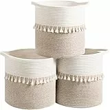 danpinera 28 cm Aufbewahrungskörbe im 3er-Set, Baumwollgeflecht mit stabilen Griffen und stilvollen Quasten, dekorative Körbe für Regale, Kinderzimmer, Wäsche, Weiß & Braun-Mix