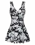 GRACE KARIN Damen Badekleider Einteiliger Bauchweg Badeanzug Blumen Muster Baderkleid Push Up Swimwear Schwarz-weiße Blumen S