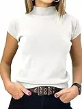 Saodimallsu Damen Pullover Kurzarm Sommer Strickpullover mit Stehkragen Einfarbig Slim Fit T-Shirt Oberteile Leicht Basic Strickshirts Weiß S