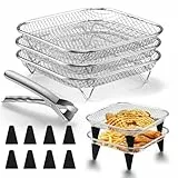 Homikit Heißluftfritteuse Zubehör, 3 Lagiges Stapelbar Edelstahl Grillrost Airfryer Zubehör mit 8 Silikonfüßen und 1 Greifklammer, Eckig Frittierkorb für Frittieren Backen, Spülmaschinenfest