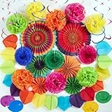 SUNBEAUTY 33PCS Bunte Party Deko Regenbogen Pompons Deko Hanging Fiesta Paper Fans Colourful Garland and Hanging Spiral Garland for Kindergeburtstag Wedding Birthday Mexican Fiesta Cinco De Mayo