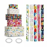 (5 Rollen) Geschenkpapier geburtstag – 43 cm x 300 cm, ideales geschenkpapier kinder jungen, Recycelbares geschenkpapier rolle Erwachsene, für alle Geburtstagsfeiern und Anlässe.