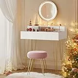 VASAGLE Schminktisch mit Hocker und Beleuchtung, Steckdosenleiste, Spiegel, Frisiertisch, 40 x 80 x 134,8 cm, Kosmetiktisch mit Schubladen, gepolsterter Sitzhocker, mattweiß-blassgold RVT019W01