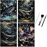 ShipeeKin 4x Kratzbilder Leuchtend 290 x 210 mm A4 Wandbild Kratzbilder Kratzpapiere für Erwachsene Kinder mit Werkzeug Set (Wale)
