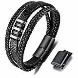 Gkmamrg Geschenk für Männer - Herren Armband - Lerderarmband - Leder Armreif schwarz - geflochten Echtleder Breites Wickelarmband mit Magnet Verschluss