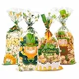 100 Stück St. Patricks Day Zellophantüten,Lucky Green Clover Leckerli-Geschenktüten,Zellophantüten Für St. Patrick's Day,Transparente Zellophantüten Mit Goldenen Drehbändern Für Leckereien,Kekse
