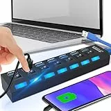 Retoo USB Hub 3.0 7 Port USB Verteiler 5gb/s, Datenhub mit Separater Schalter, Netzteil Port mit Einzelnen LED-Netzschaltern, Kompatibel fur Laptop, PC und weitere USB Geräte
