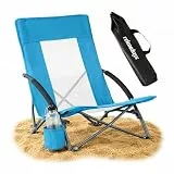 Relaxdays Strandstuhl faltbar, Tasche, Getränkehalter, 135 kg, Mesh-Design, Leichter Klappstuhl, Polyester, Metall, blau
