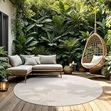 TT Home Outdoor Teppich Rund 160 cm Creme, Wetterfest & Robust modernes Boho Skandi Design mit 3D-Optik, für Terrasse & Wohnzimmer